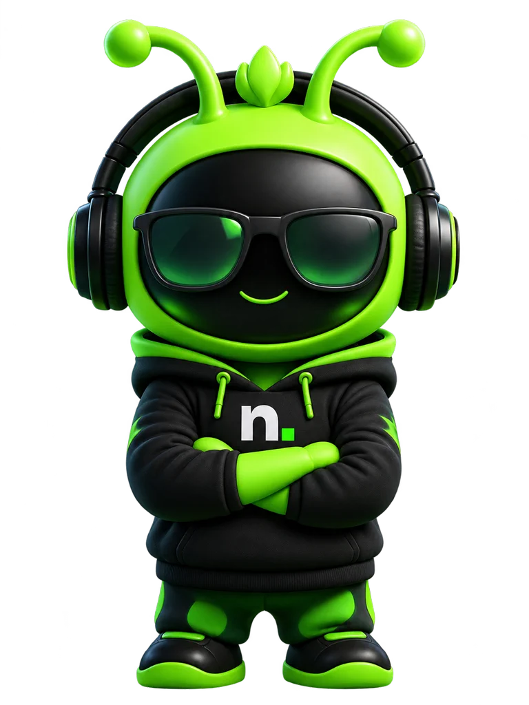 Mascote da Niborn de óculos escuros e braços cruzados
