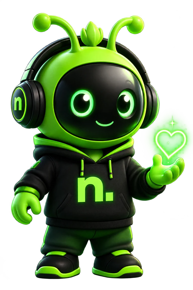 Mascote da Niborn segurando um coração de neon