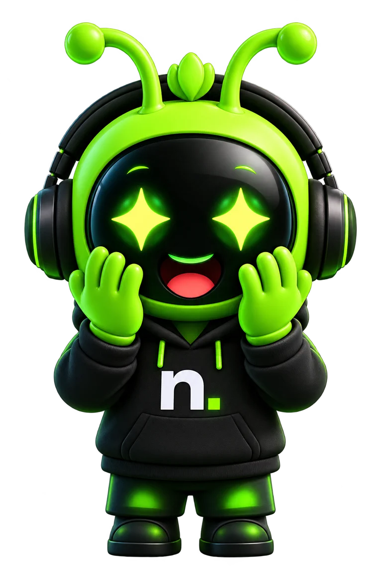Mascote da Niborn de olhos brilhando, vibrando com as lives da comunidade